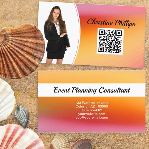 Fresh Orange Event Planner Custom Photo QR Code Business Card
