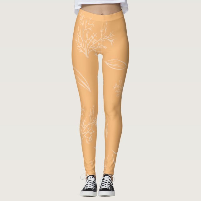 Fresh Orange Natural Pencil Sketch Floral Leggings (Front)