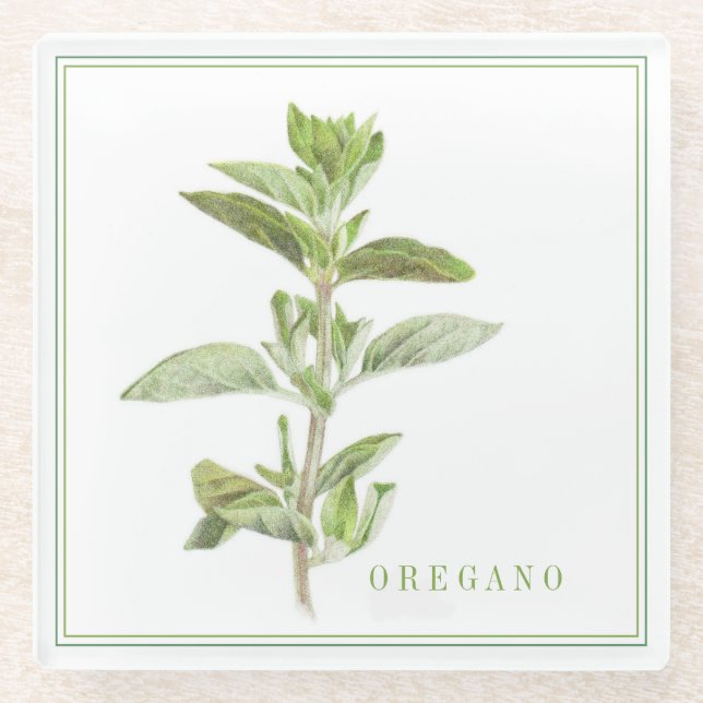 FRESH OREGANO Glass Beverage Coaster (+text) (Front)