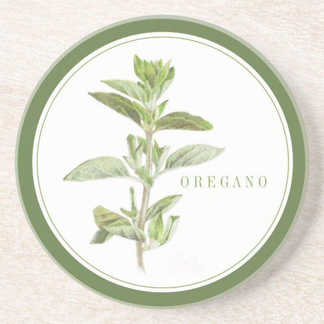 FRESH OREGANO Round Sandstone Coaster +text Green (Front)
