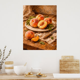 Fresh Peaches on Wood a Rustic Still Life Poster
