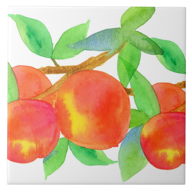 Fresh Peaches Watercolor Fruit Ceramic Tile (Front)
