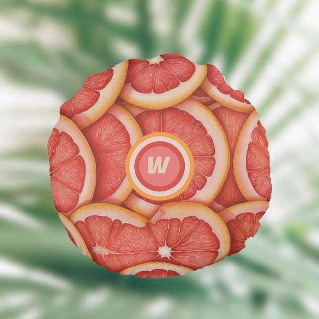 Fresh Picked Pink Grapefruit Monogram Initial Round Pillow (Creator Uploaded)