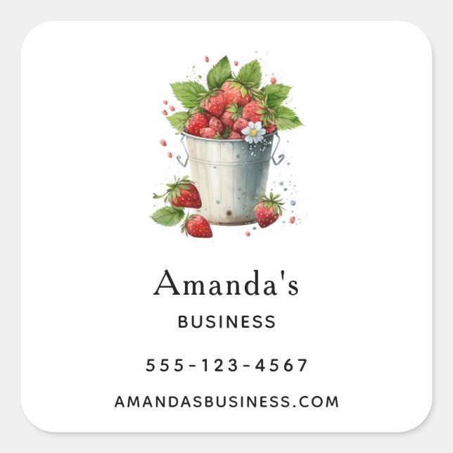 Fresh Picked Strawberries in a Bucket Business Square Sticker (Front)