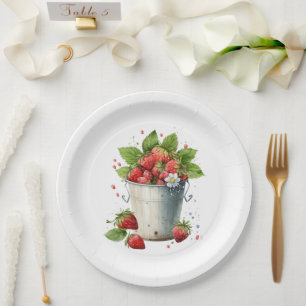 Fresh Picked Strawberries in a Bucket Paper Plates