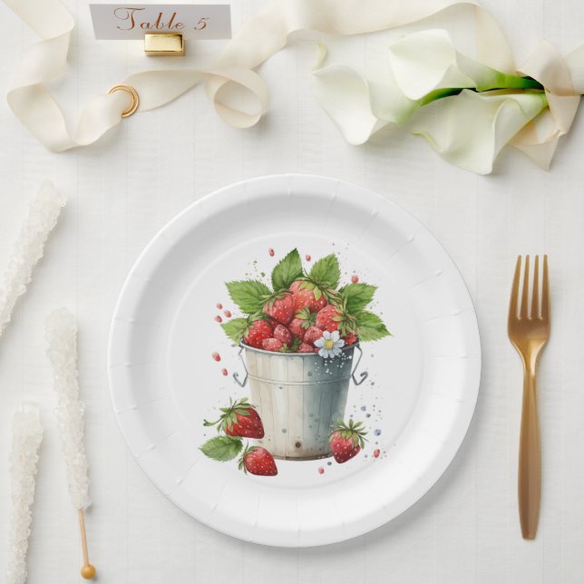 Fresh Picked Strawberries in a Bucket Paper Plates (Wedding)