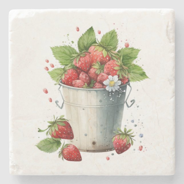 Fresh Picked Strawberries in a Bucket Stone Coaster (Front)