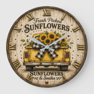 Fresh Picked Sunflowers Vintage Yellow Farm Truck Large Clock