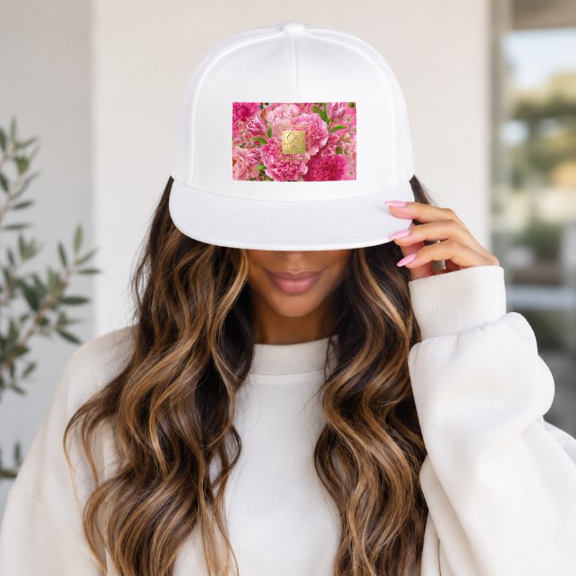 Fresh Pink and Green Floral Monogram Snapback Cap (Stylish Floral Pink and Green Floral Snap Back Cap.)