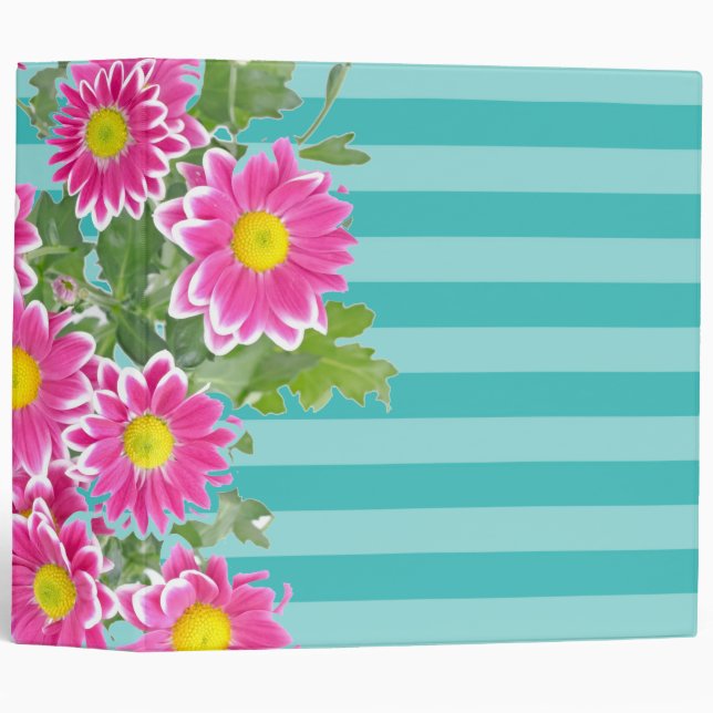 Fresh Pink Daisy Flowers on Turquoise Stripes 3 Ring Binder (Front/Spine)
