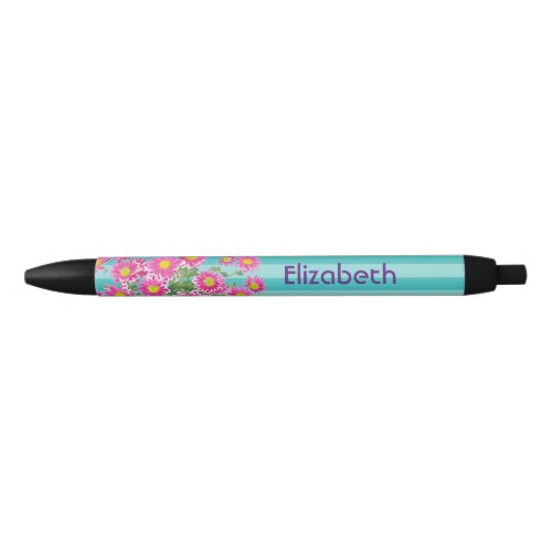 Fresh Pink Daisy Flowers on Turquoise Stripes Black Ink Pen