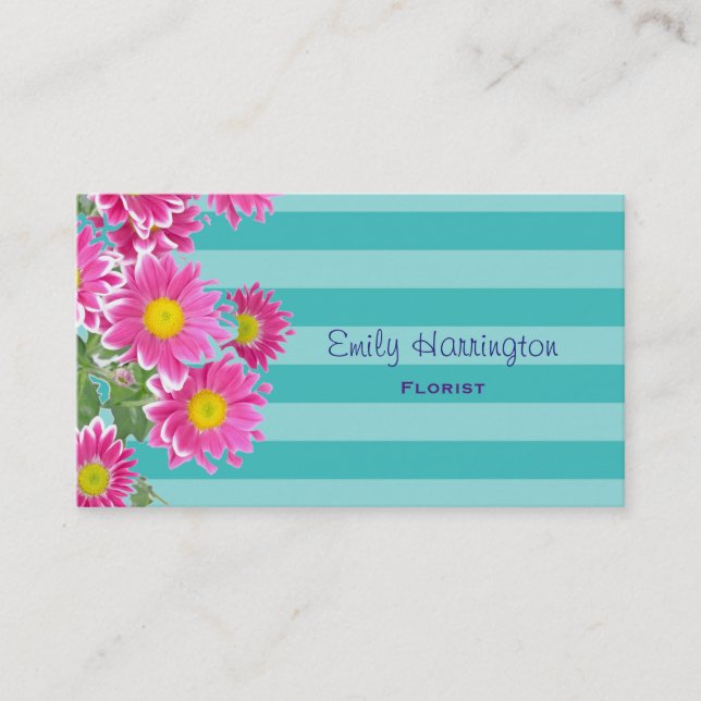 Fresh Pink Daisy Flowers on Turquoise Stripes Business Card (Front)