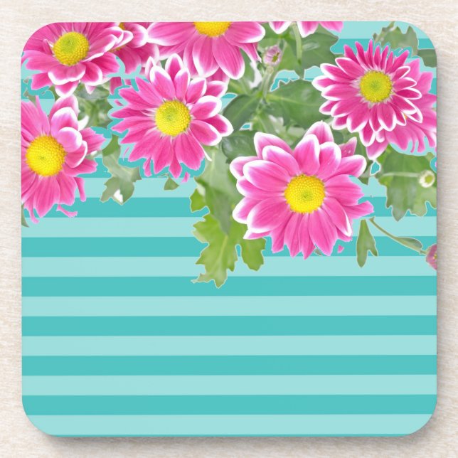 Fresh Pink Daisy Flowers on Turquoise Stripes Coaster (Front)