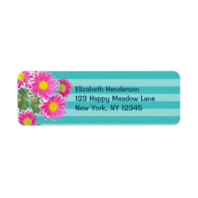 Fresh Pink Daisy Flowers on Turquoise Stripes Label (Front)
