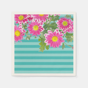 Fresh Pink Daisy Flowers on Turquoise Stripes Paper Napkins