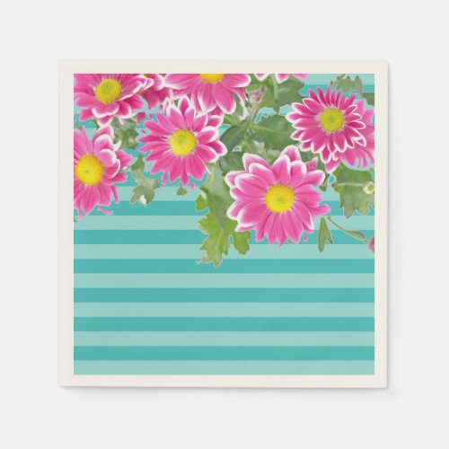 Fresh Pink Daisy Flowers on Turquoise Stripes Paper Napkins