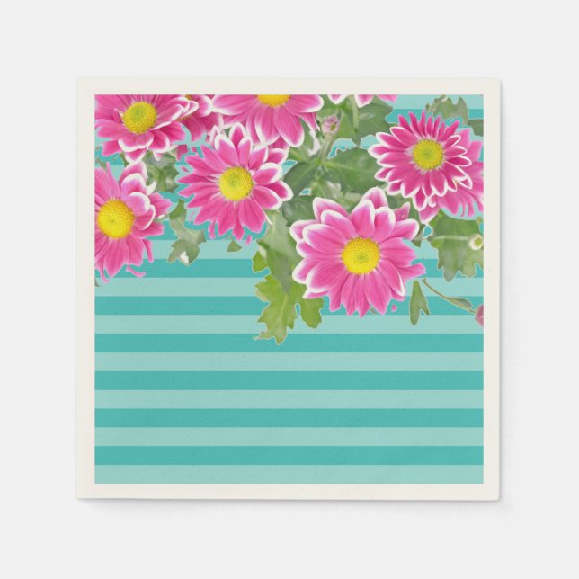Fresh Pink Daisy Flowers on Turquoise Stripes Paper Napkins (Front)