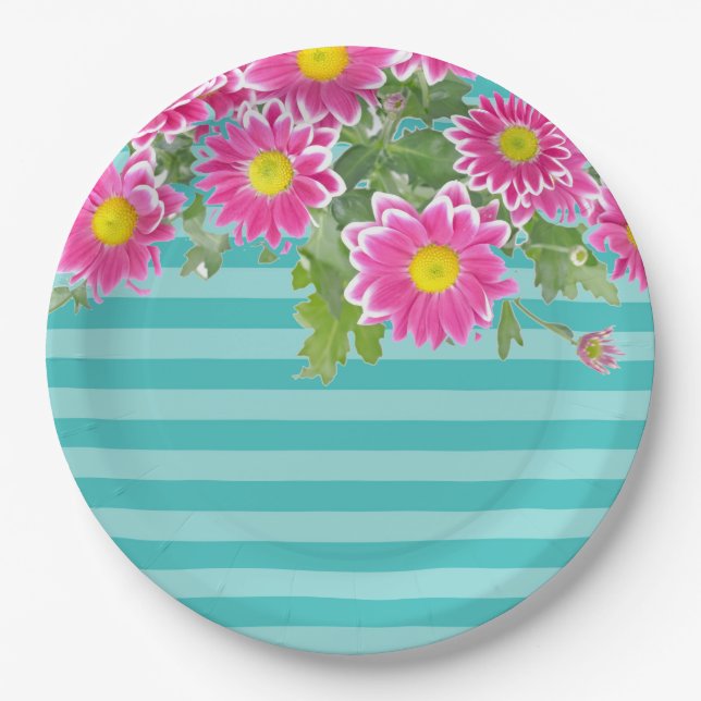 Fresh Pink Daisy Flowers on Turquoise Stripes Paper Plates (Front)
