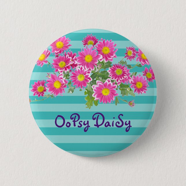 Fresh Pink Daisy Flowers on Turquoise Stripes Pinback Button (Front)