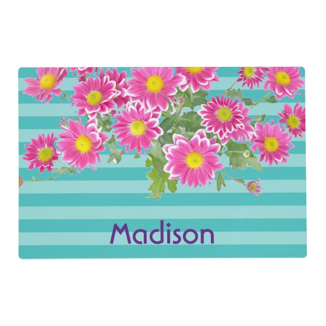 Fresh Pink Daisy Flowers on Turquoise Stripes Placemat (Front)