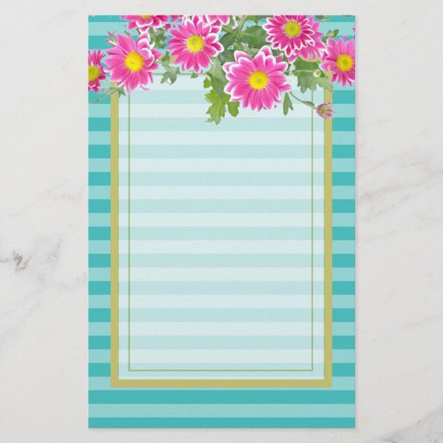 Fresh Pink Daisy Flowers on Turquoise Stripes Stationery (Front)
