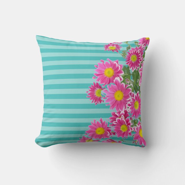 Fresh Pink Daisy Flowers on Turquoise Stripes Throw Pillow (Front)