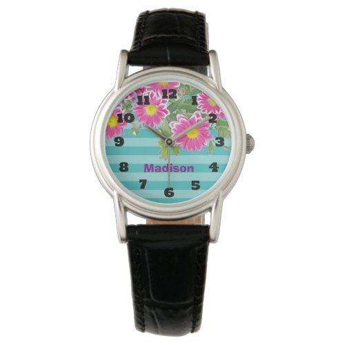 Fresh Pink Daisy Flowers on Turquoise Stripes Watch