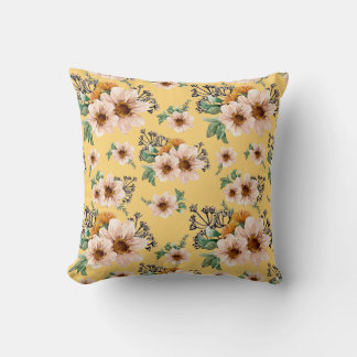Fresh Pink Flowers on Sunshine Yellow Background Throw Pillow