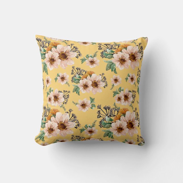 Fresh Pink Flowers on Sunshine Yellow Background Throw Pillow (Front)