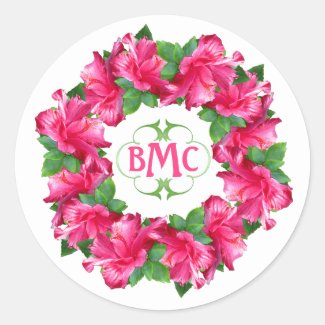 Fresh Pink Hibiscus Blossoms Monogrammed Classic Round Sticker
