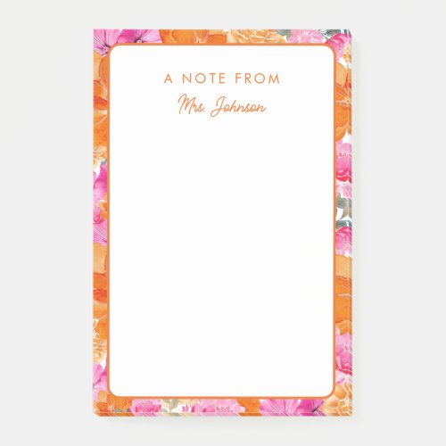 Fresh Pink Orange Floral A Note from Teacher Cute