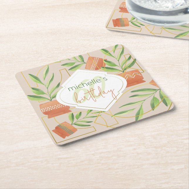 Fresh Plants In Ceramic Pots Watercolor  Square Paper Coaster (Angled)