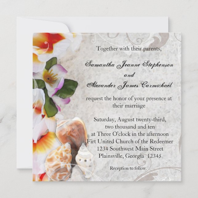 Fresh Plumeria Orchid Lei Beach Wedding Invitation (Front)