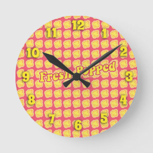 Fresh Popped Fun Popcorn Pattern Cartoon Art Round Clock