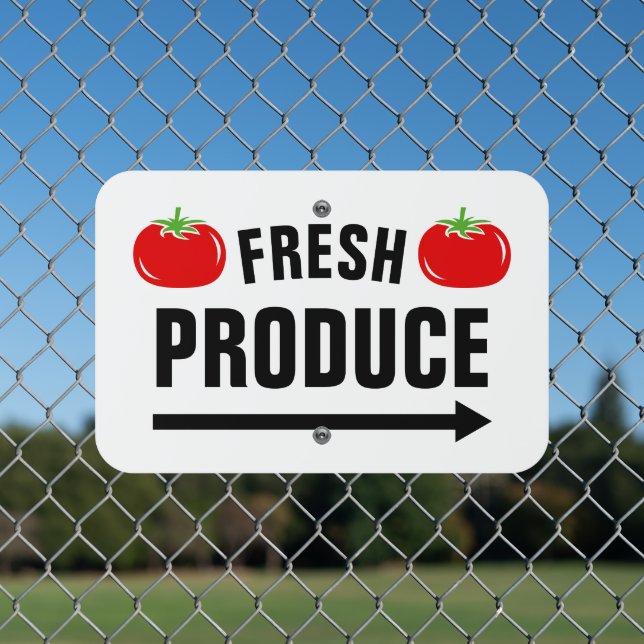 Fresh produce farm metal sign with direction arrow (In Situ(Fence))