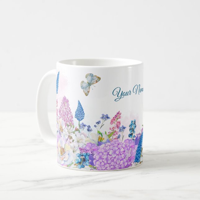 Fresh purple blue Floral summer bloom Coffee Mug (Front Left)
