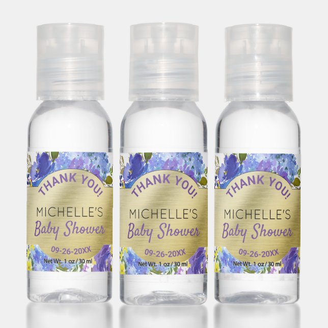 Fresh Purple Floral & Gold Baby Shower Thank You Hand Sanitizer (Set)
