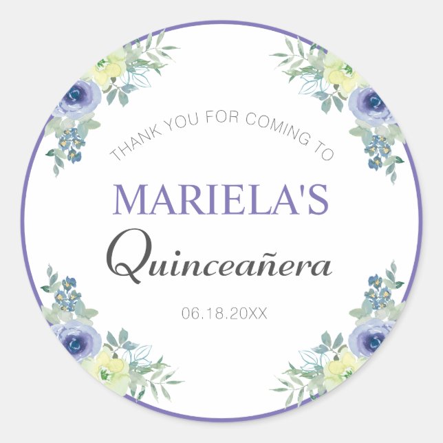 Fresh Purple Floral Quinceañera Birthday Thank You Classic Round Sticker (Front)