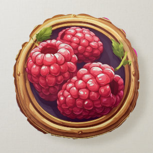 Fresh Raspberries Framed in Golden Artwork Round Pillow