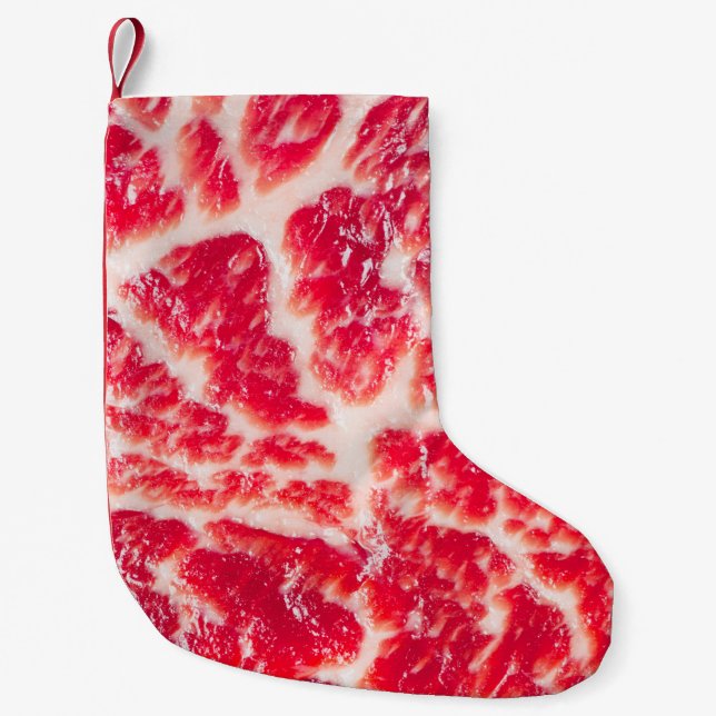 Fresh raw beef steak marbled meat texture close up small christmas stocking (Front)