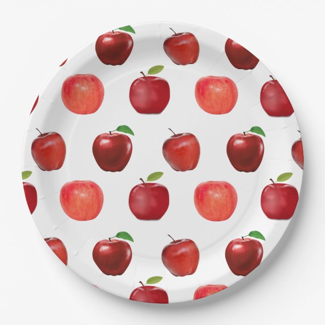 Fresh Red Apples on White Paper Plates (Front)