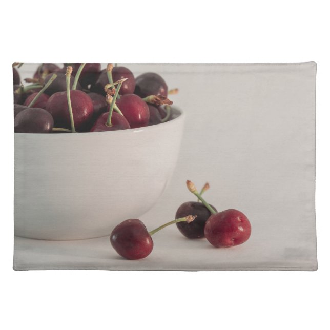 Fresh Red Cherries Bowl In Muted Tones Fruit Photo Cloth Placemat (Front)