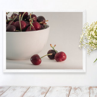 Fresh Red Cherries Bowl In Muted Tones Fruit Photo Poster