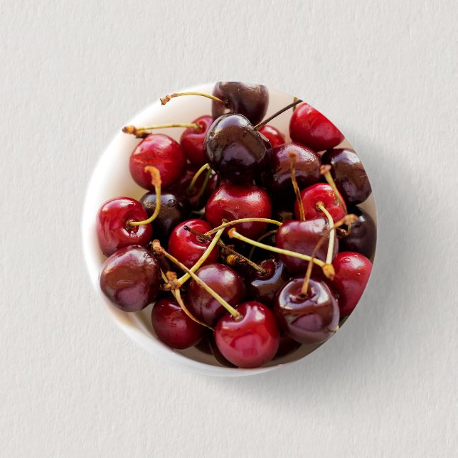 Fresh Red Cherries in a Bowl Photograph Button (Front)