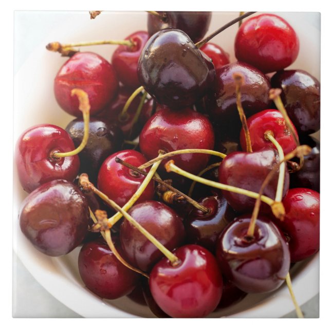Fresh Red Cherries in a Bowl Photograph Ceramic Tile (Front)
