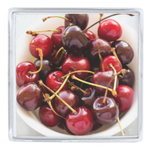 Fresh Red Cherries in a Bowl Photograph Silver Finish Lapel Pin