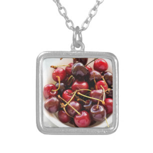 Fresh Red Cherries in a Bowl Photograph Silver Plated Necklace