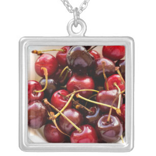 Fresh Red Cherries in a Bowl Photograph Silver Plated Necklace