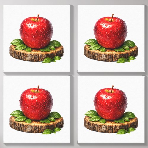 Fresh Red Realistic Apple on Wood Slice Canvas Photo Tile