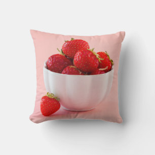 Fresh Red Strawberries In White Bowl Pink Summer Throw Pillow